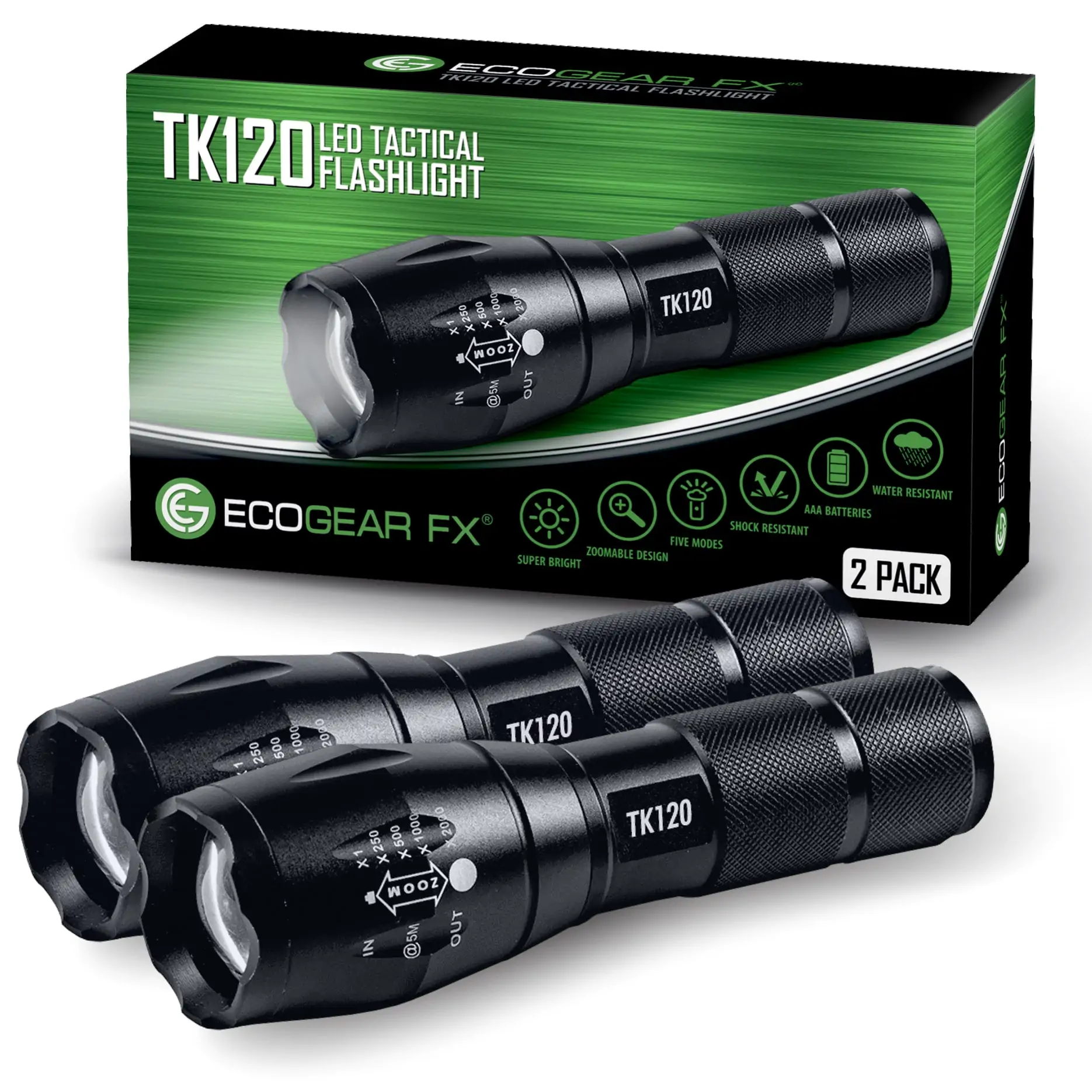 TK120 Tactical LED Flashlight with 5 Light Modes and Zoom (2-Pack)